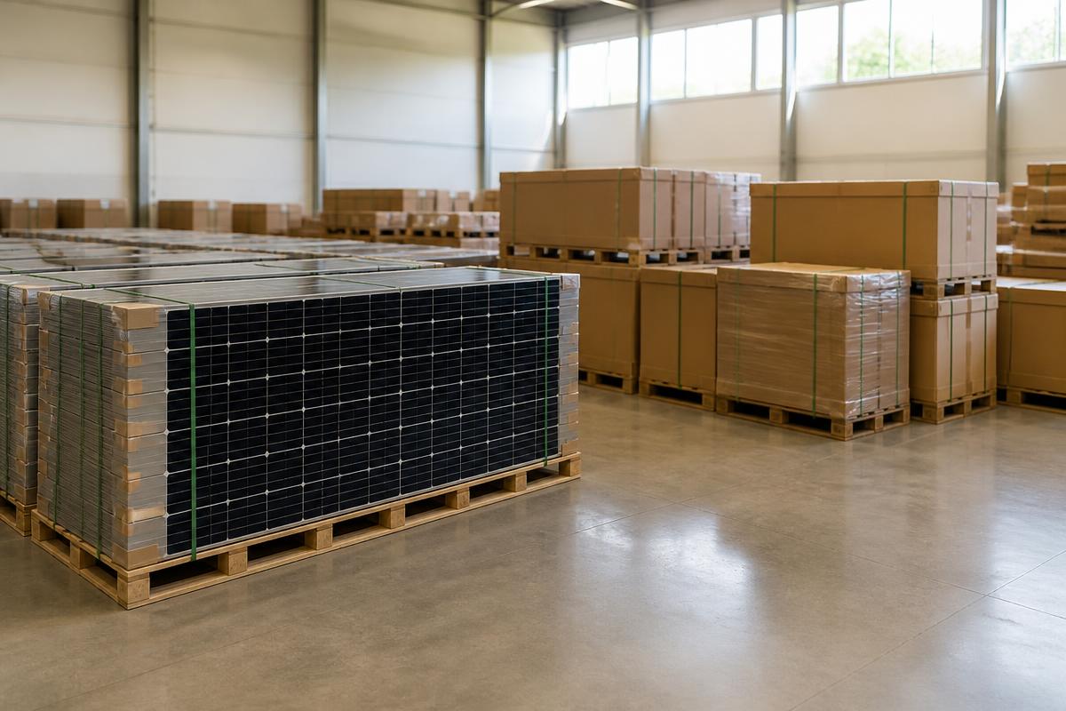 Pallets of solar panels in a JetFlo warehouse