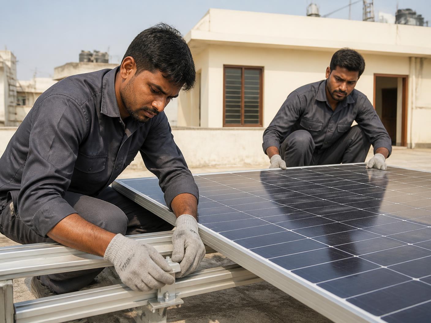 Installers fitting a JetFlo rooftop solar kit